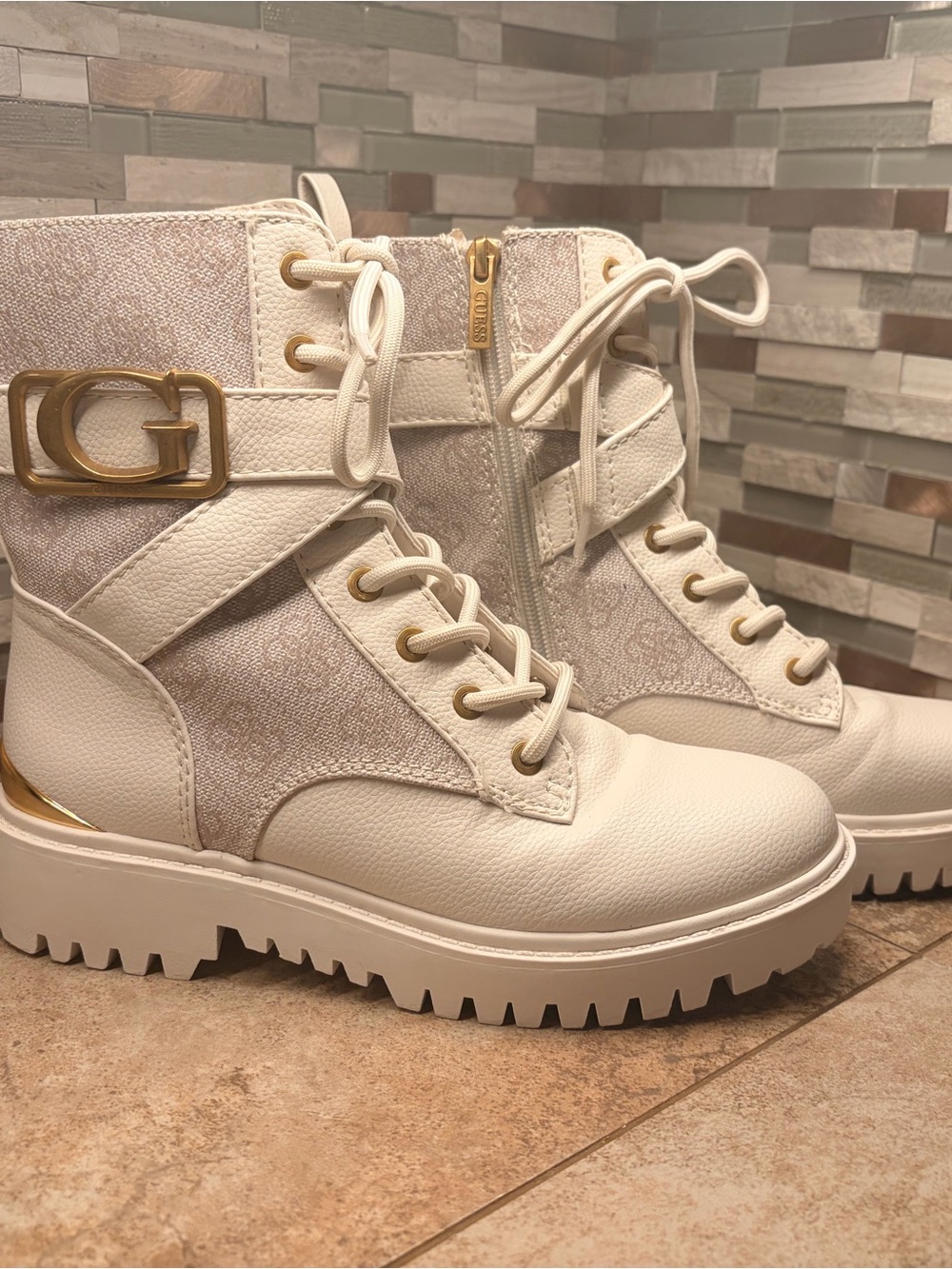 Guess ORANA White Lace-Up Combat Boots with Gold Accents
